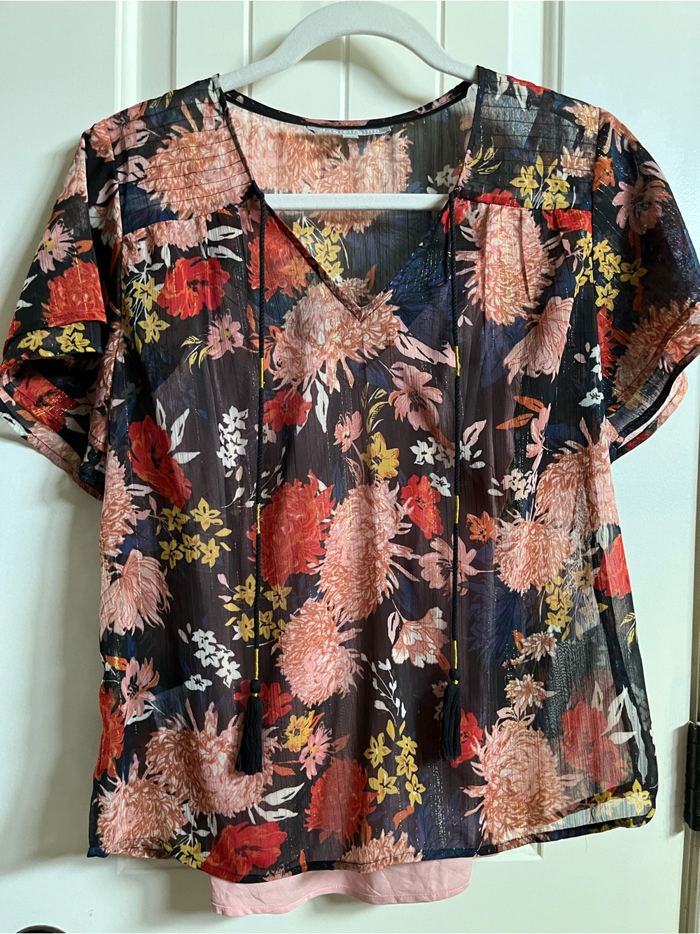 Anthropologie Floral V-Neck Short Sleeve Top - Navy with Pink & Red Floral